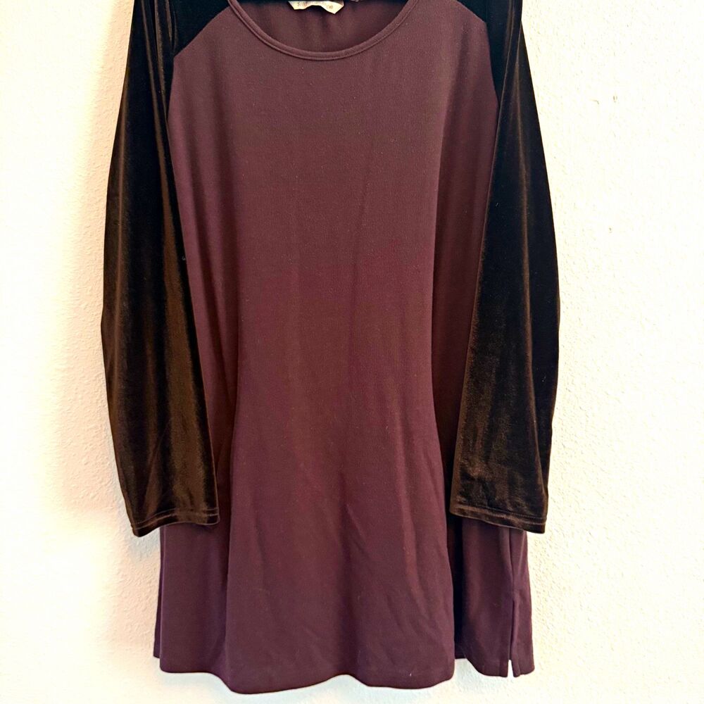 Soft Surroundings Womens Tunic Top L Brown Black Knit Velvet Raglan Pockets